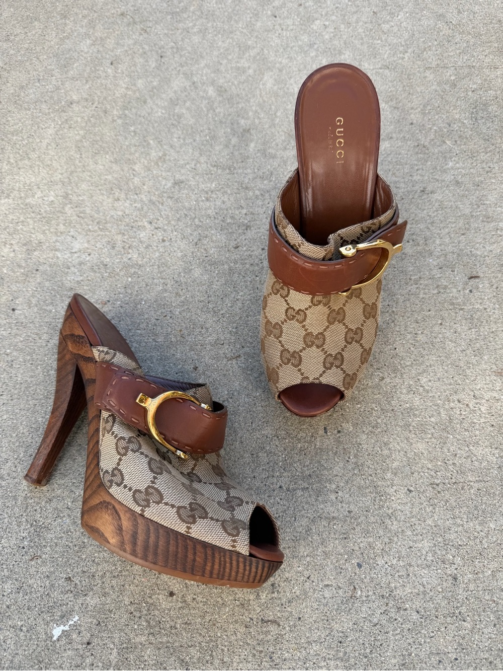 Vintage Gucci Brown Monogram GG Canvas Peep-Toe Platform Mules with Gold Buckle